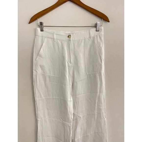Olsen sz 8 Linen Pants White Wide Leg High Rise Carpenter Pockets Resort Beach - Picture 3 of 9